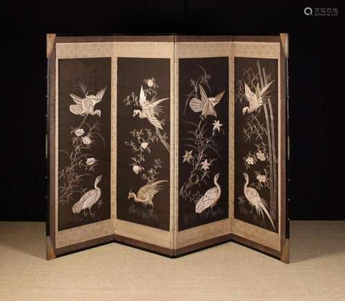 A Vintage Chinese Embroidered Stumpwork Four-fold Screen. Ea...