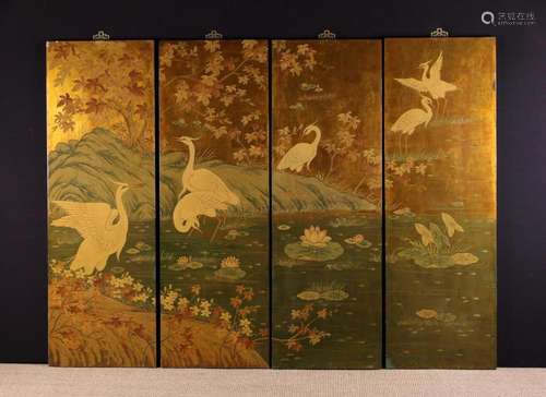 A Set of Four Chinese Lacquered Panels forming a River Lands...