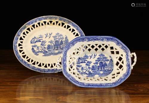 A 19th Century Blue & White Pearl-ware Basket transfer p...