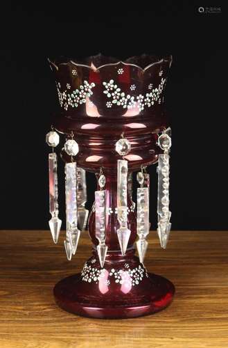 A Large Victorian Ruby Glass Lustre with petalled rim, decor...