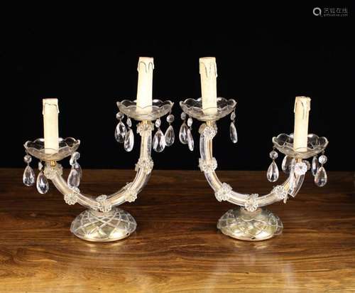 A Pair of Glass Twin Branch Table Lamps. The electric 'c...