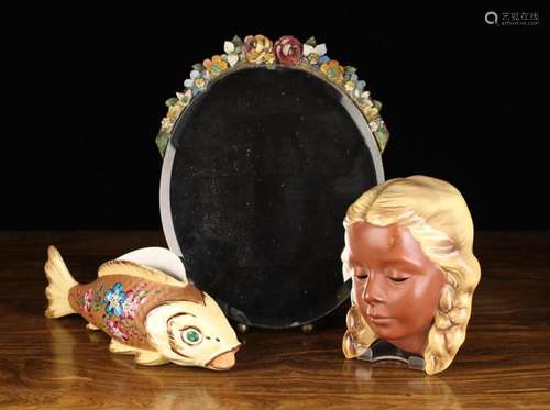 A 1930's Oval Mirror, a Limoges Fish Shaped Flower Holde...