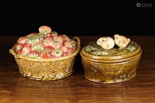 Two Majolica Lidded Dishes (A/F): One by Sarreguemines model...