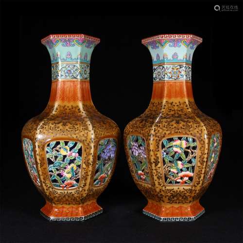 A pair of hexagonal bottles with window opening and hollow i...