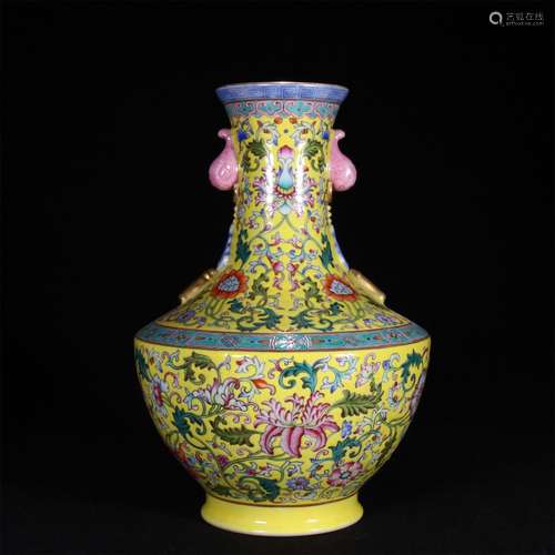 Yellow ground pastel vase with twisted flowers and elephant ...