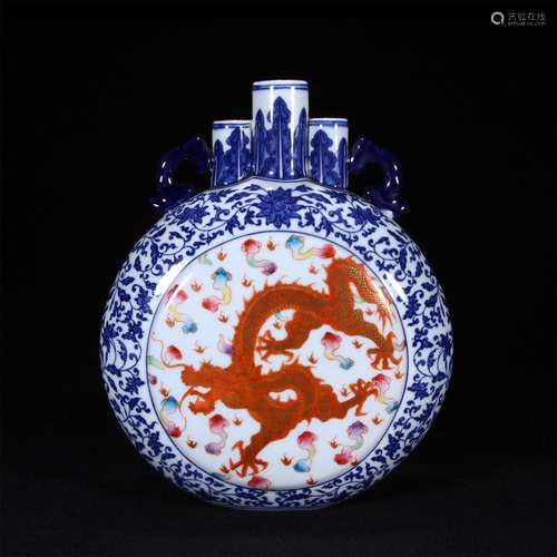 Blue and white three tube treasure moon vase with dragon pat...