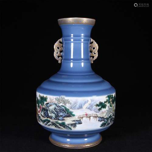 Enamel color double ear vase with open window and water patt...