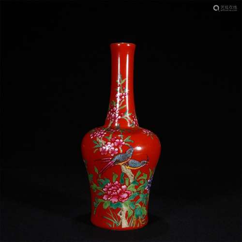 Coral red ground pastel flower bird pattern bell shaped stat...