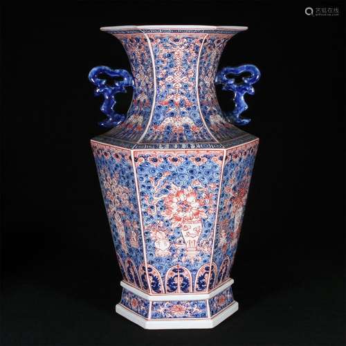 Blue and white underglaze red white white vase with six side...