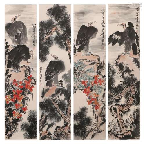 Pan Tianshou's four screens of flowers and birds