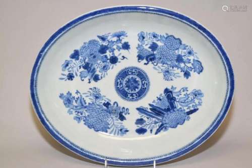 17-18th C. Chinese Export Porcelain B&W Oval Plate