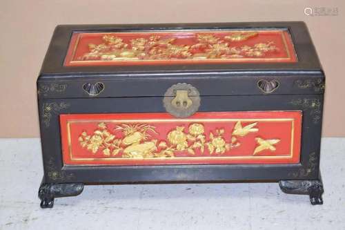 19-20th C. Chinese Gilt Wood Carved Storage Box