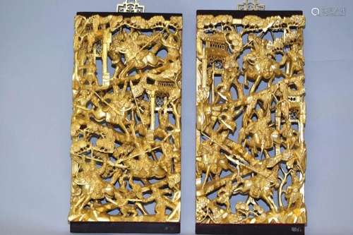 Pr. of 19-20th C. Chinese Gilt Wood Carved Plaques