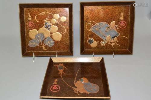 Three 19th C. Japanese Mother-of-Pearl Inlay Maki-e Trays