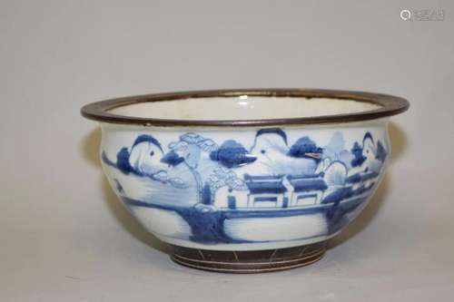 18-19th C. Chinese Porcelain B&W Landscape Censer