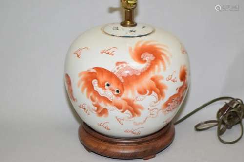 19th C. Chinese Porcelain Iron Red Lions Jar Lamp