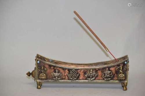 Chinese Tibetan Silver Inlay Copper Incense Box