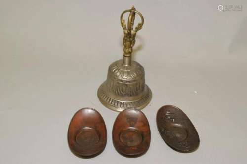 Chinese Tibetan Brass Bell and Japanese Saucers