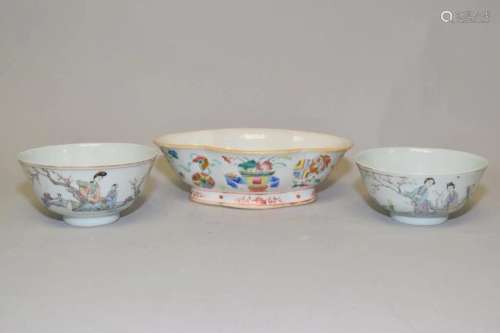 Three 19th C. Chinese Porcelain Famille Rose Bowls