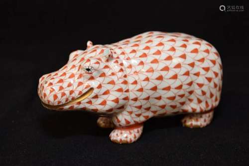 Herend Hungary Porcelain Red Hippo Figurine