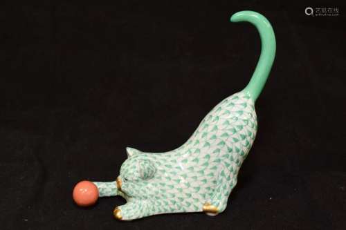 Herend Hungary Porcelain Green Cat Figurine