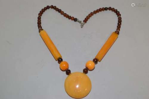 Chinese Ox Horn and Butterscotch Amber Bead Necklace