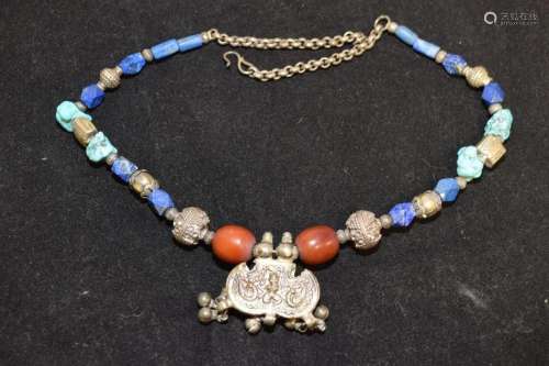 Chinese Lapis Lazuli, Turquoise, Silver Necklace