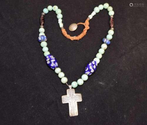 Turquoise and Glass Bead Necklace with Silver Cross