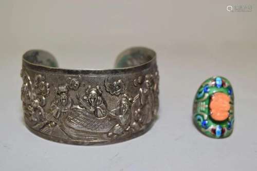 19th C. Chinese Silver Bracelet and Ring