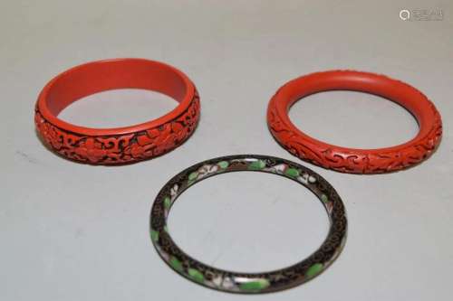 Chinese Cloisonne and Two Cinnabar Bracelets