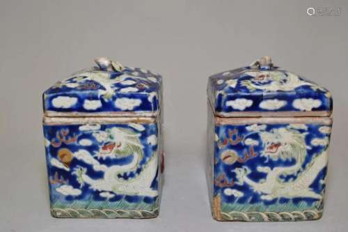 Pr. of 19th C. Chinese Porcelain Cobalt Blue Tea Caddies