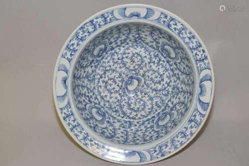 18-19th C. Chinese Porcelain B&W Lotus Vines Basin