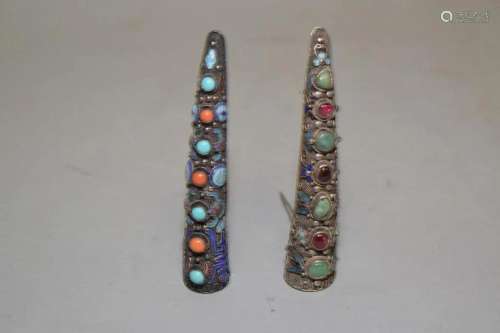 Two 19th C. Chinese Enamel over Silver Nail Covers