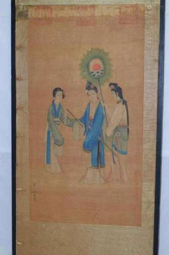 Ming Chinese Watercolor Painting of Maidens, Signed