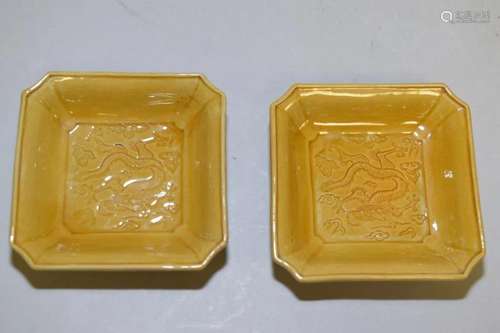 Pr. of Chinese Porcelain Yellow Glaze Relief Dishes