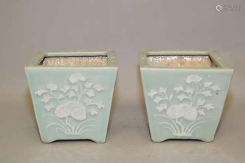 Pr. of 18-19th C. Chinese Porcelain Pea Glaze Planters
