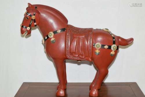 Chinese Precious Stone Inlay Cinnabar Carved Horse