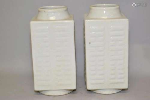 Pr. of 19th C. Chinese Porcelain Ru Glaze Trigram Cong Vases