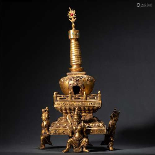 A CHINESE GILT BRONZE BUDDHIST TOWER