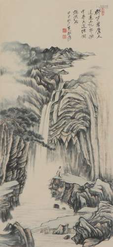 A CHINESE PAINTING OF MOUNTAINS AND WATERFALL LANDSCAPE