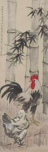 A CHINESE PAINTING OF COCK AND HEN IN BAMBOO FOREST