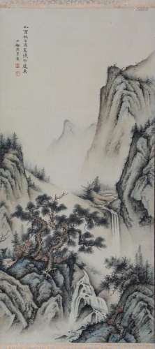 A CHINESE PAINTING OF MOUNTAINS AND WATERFALL LANDSCAPE