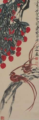 A CHINESE PAINTING OF BIRDS AND FRUITS