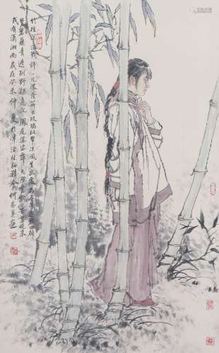 A CHINESE PAINTING OF GIRL AND BAMBOOS