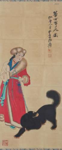 A CHINESE PAINTING OF FIGURE AND A BLACK DOG