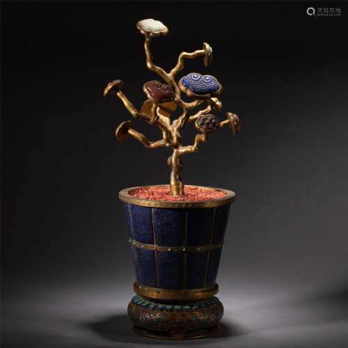 A CHINESE GILT BRONZE INLAID GEMSTONES POTTED LANDSCAPE