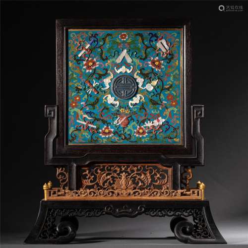 A CHINESE ZITAN WOOD INLAID CLOISONNE TABLE SCREEN