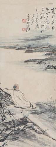 A CHINESE PAINTING OF SCHOLAR SIT BY THE RIVER