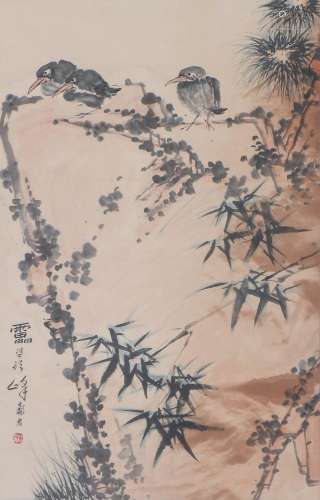 A CHINESE PAINTING OF BIRDS ON STONE