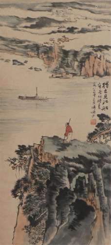 A CHINESE PAINTING OF FIGURE ON MOUNTAINTOP
